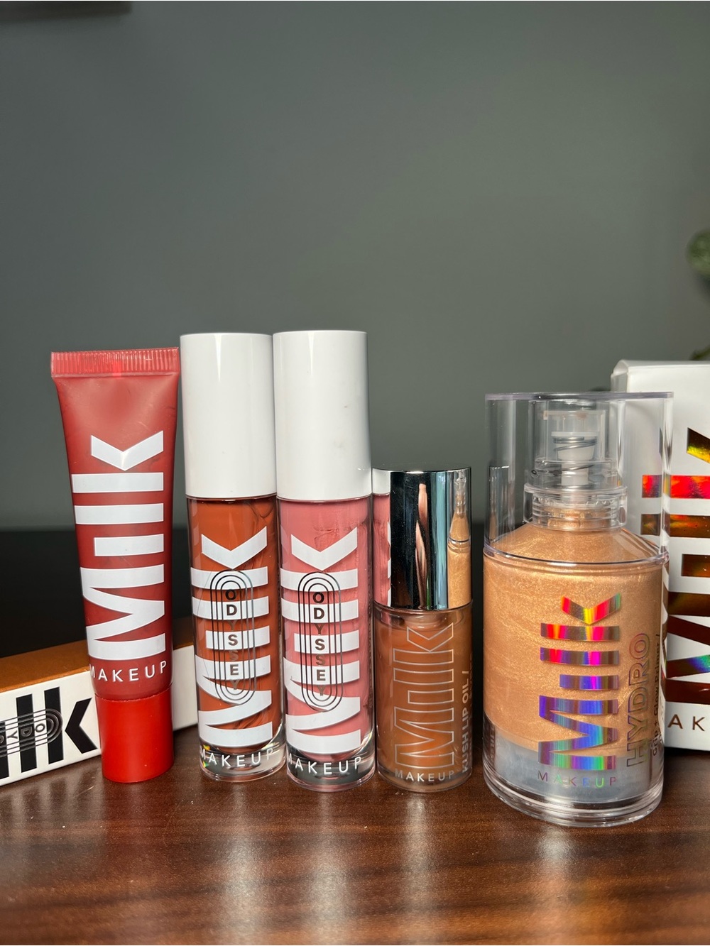 Set of 5 MILK MAKEUP items. Kush Lip oil, Hydro Grip Bronzer, Odyssey, lip balm.
